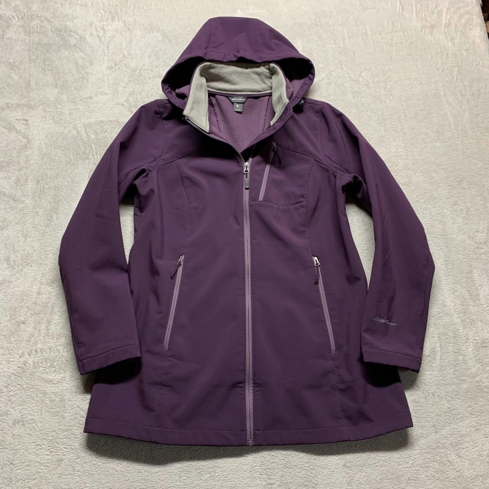 Eddie Bauer Women's L Soft Shell Hooded Full Zip Purple Jacket Coat Mid Length